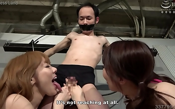 Relish in the Pleasure of Two Bikini-Clad Ladies Giving a Masochistic Man a Handjob and Facesitting